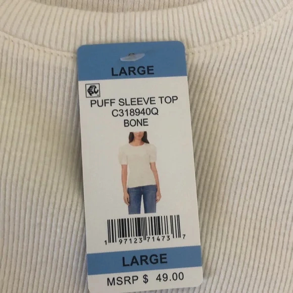 NWT Vince Camuto Puff Sleeve Top Bone Short Sleeve New Ribbed Size Large L New - Picture 6 of 8